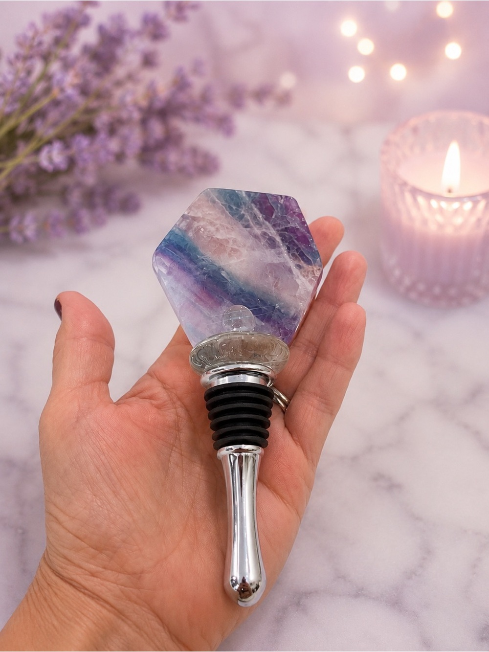 Hexagonal Fluorite Wine Bottle Stopper - Purple & Blue